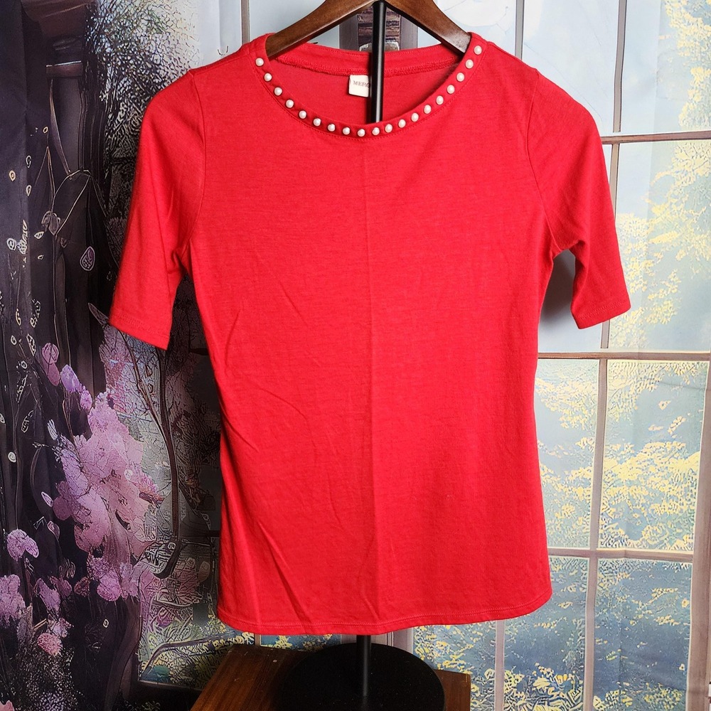 XS Red Short Sleeve Tee, Pearl Collar Accents, Merona